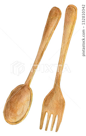 水彩插畫，手繪插畫，木湯匙和木叉 132810342