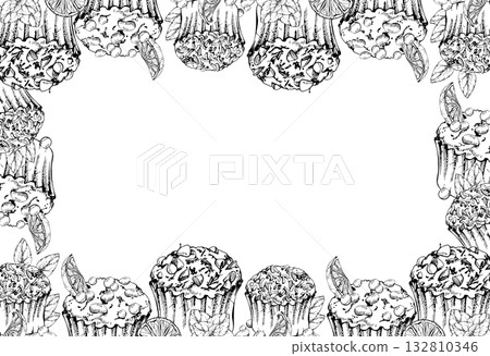 Muffins with chocolate chips, cupcakes with mint sprigs, sugar sprinkles, orange slices and candy dragees. Hand drawn in vector ink. Isolated dessert frame for vintage cards, confectionery menu label. Muffins with chocolate chips, cupcakes with mint sprigs, sugar sprinkles, orange slices and candy dragees. Hand drawn in vector ink. Isolated dessert frame for vintage cards, confectionery menu label. 132810346