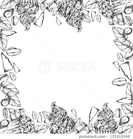 Cupcakes and muffins with rich chocolate and mint whipped cream topping, sprinkled pistachio. Hand drawn in vector ink, isolated border illustration. Culinary class poster frames, vintage menu design. Cupcakes and muffins with rich chocolate and mint whipped cream topping, sprinkled pistachio. Hand drawn in vector ink, isolated border illustration. Culinary class poster frames, vintage menu design. 132810348