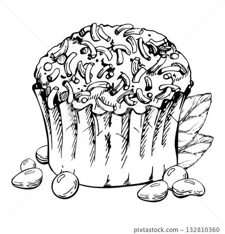 Muffin pastry in parchment condiment cup, sugar sprinkles icing atop cupcake with mint sprigs and candy dragee bonbons. Hand drawn isolated vector ink artwork. Culinary borders, party menu designs. 132810360