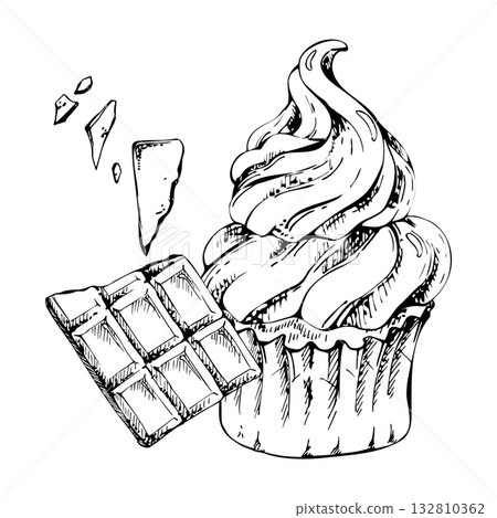 Cupcake crowned with whipped cream mousse, chocolate shard garnish, paper-wrapped muffin hand drawn in vector ink. Isolated dessert illustration. Baking kit art, cafe brand assets, culinary blog. Cupcake crowned with whipped cream mousse, chocolate shard garnish, paper-wrapped muffin hand drawn in vector ink. Isolated dessert illustration. Baking kit art, cafe brand assets, culinary blog. 132810362