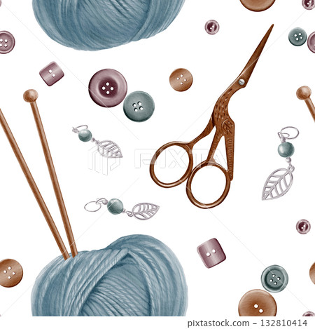 Knitting pattern with ball of yarn with wooden spokes stuck into it,copper crane scissors,buttons,markers in watercolor illustration as symbol of needlework,knitting, crochet,hand made hobby 132810414