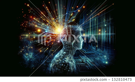 futuristic, digital profile of a human head wearing headphones, with radiant light and data-like streams bursting from the mind. fusion of human creativity, technology, and digital innovation futuristic, digital profile of a human head wearing headphones, with radiant light and data-like streams bursting from the mind. fusion of human creativity, technology, and digital innovation 132810473