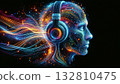 vibrant, neon-lit profile of a human wearing headphones, surrounded by dynamic streams of glowing light and energy. The image symbolizes the fusion of technology, sound, and creativity, representing 132810475