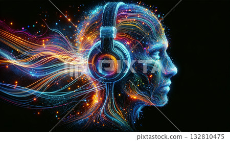 vibrant, neon-lit profile of a human wearing headphones, surrounded by dynamic streams of glowing light and energy. The image symbolizes the fusion of technology, sound, and creativity, representing 132810475
