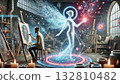 complex futuristic illustration representing AI innovation, featuring a holographic human figure surrounded by symbols of artificial intelligence, technology, and human-machine interaction. 132810482