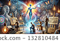 complex futuristic illustration representing AI innovation, featuring a holographic human figure surrounded by symbols of artificial intelligence, technology, and human-machine interaction. 132810484