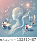 complex futuristic illustration representing AI innovation, featuring a holographic human figure surrounded by symbols of artificial intelligence, technology, and human-machine interaction. 132810487