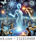 dynamic scene of human-AI collaboration, where a large digital figure is being created by a human hand, surrounded by people working on computers and robots. The scene emphasizes the symbiotic 132810488