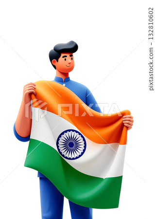 Proud and happy indian man holding large indian tricolor national flag, 3d character for independence day, republic day, patriotic celebration 132810602