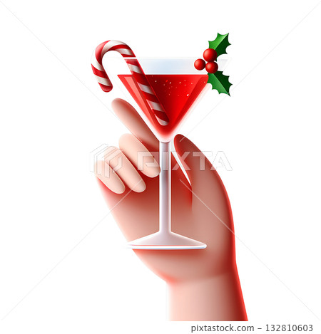Festive hand holding delicious christmas cocktail, garnished with candy cane and fresh holly. Perfect for seasonal menus, party invites, celebratory concepts 132810603