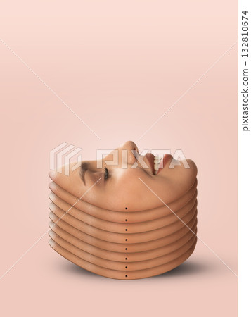 Digital artwork. Stacked smiling faces sculpture illustrating layered emotions and identity Digital artwork. Stacked smiling faces sculpture illustrating layered emotions and identity 132810674