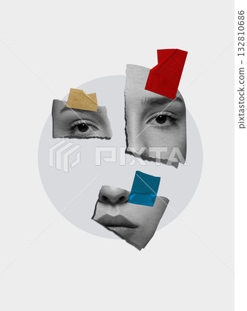 Trendy collage. Torn paper face collage with colored tape representing fragmented emotions 132810686