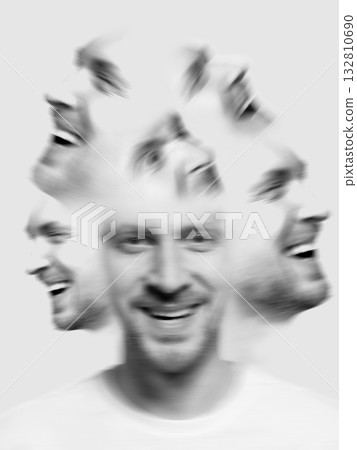 Creative digital artwork. Man with multiple blurred faces expressing emotional instability Creative digital artwork. Man with multiple blurred faces expressing emotional instability 132810690
