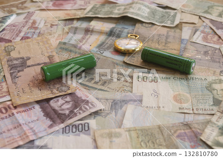 carbon tax batteries on vintage currency banknotes concept image 132810780