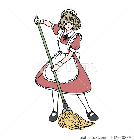 一個穿著女僕裝的女人正在用拖把清潔地板 132810889
