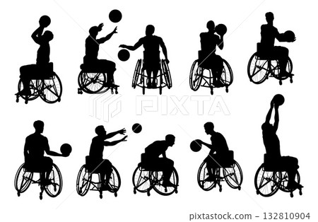 Wheelchair Basketball Player Silhouettes Set Wheelchair Basketball Player Silhouettes Set 132810904