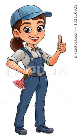 Woman Female Plumber Drain Plunger Cartoon Mascot 132810925