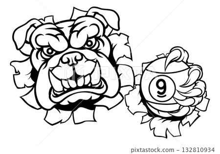 Bulldog and 9 Ball Nine Ball Pool Cartoon Mascot 132810934