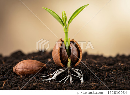 Cinnamon Seedling and Intact Seed Growth from Cracked Spice Berry Seed on Soil 132810984