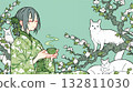 A woman in a kimono drinking matcha and a cat 132811030