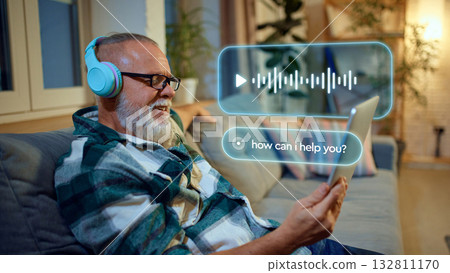 Elderly man listening to podcast through voice assistant and smart headphones. Collage 132811170