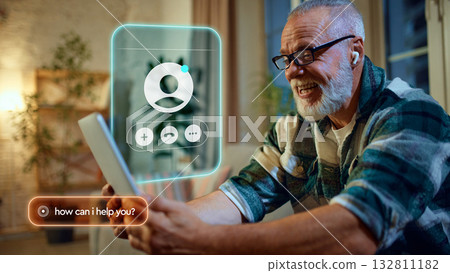 Older man video chatting using AI assistant interface for communication. Graphic collage 132811182