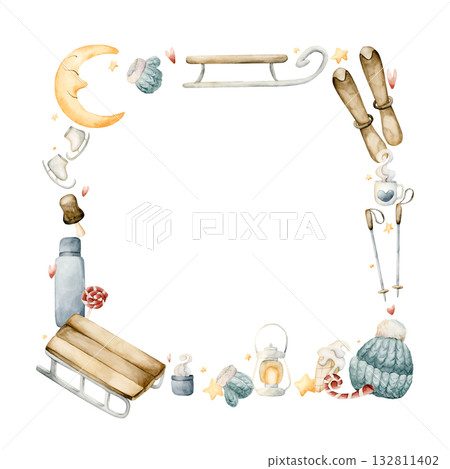 Wooden sleigh, skis, ice skates, winter knitted wear frame. Watercolor hand drawn illustration isolated on white background for winter fun sport design Christmas card baby nursery kids holiday print Wooden sleigh, skis, ice skates, winter knitted wear frame. Watercolor hand drawn illustration isolated on white background for winter fun sport design Christmas card baby nursery kids holiday print 132811402