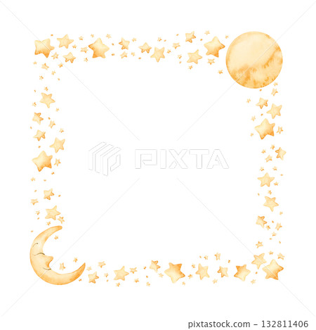 Cute golden moon crescent stars frame. Watercolor hand drawn illustration isolated on white background for baby nursery kids children design holiday print Ramadan card invitation template label logo 132811406