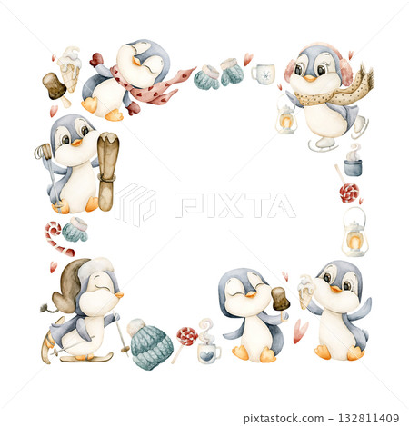 Cute Penguins Winter Fun Sports Frame. Watercolor hand drawn illustration isolated on white background for north design Christmas or Valentine card baby template nursery kids holiday print label logo Cute Penguins Winter Fun Sports Frame. Watercolor hand drawn illustration isolated on white background for north design Christmas or Valentine card baby template nursery kids holiday print label logo 132811409