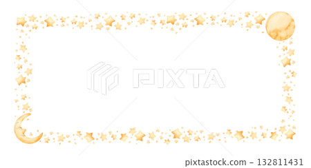 Cute golden moon crescent stars frame. Watercolor hand drawn illustration isolated on white background for baby nursery kids children design holiday print Ramadan card invitation template label logo 132811431