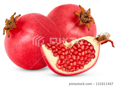 Pomegranate fruits and a cut in a slice isolated. 132811487