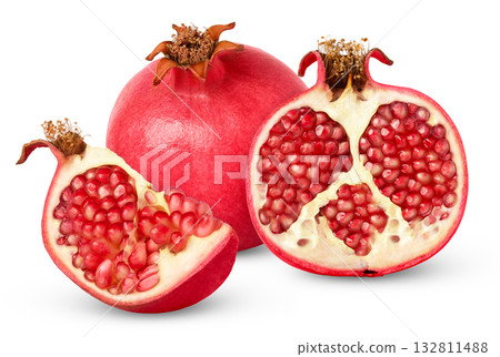 Red ripe pomegranate and cut in a half isolated. Pomegranates fruits with clipping path. 132811488