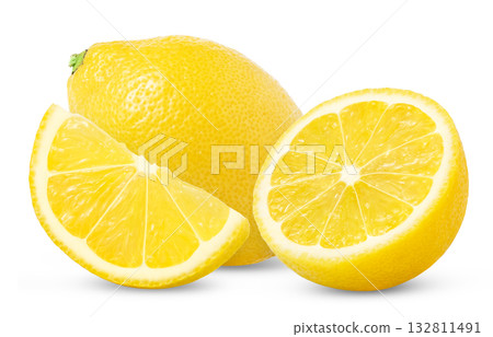 Ripe lemon with half and slices isolated on white background. 132811491