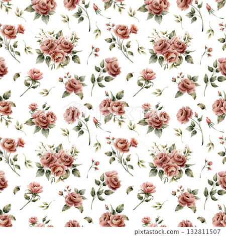 Roses with leaves seamless pattern on white background. Dusty pink garden Victorian flower. Watercolor hand painted floral illustration for wedding design home textile fabric cosmetic package wrapping Roses with leaves seamless pattern on white background. Dusty pink garden Victorian flower. Watercolor hand painted floral illustration for wedding design home textile fabric cosmetic package wrapping 132811507
