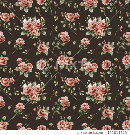 Roses with leaves seamless pattern on dark background. Dusty pink garden Victorian flower. Watercolor hand painted floral illustration for wedding design home textile fabric cosmetic package wrapping 132811513