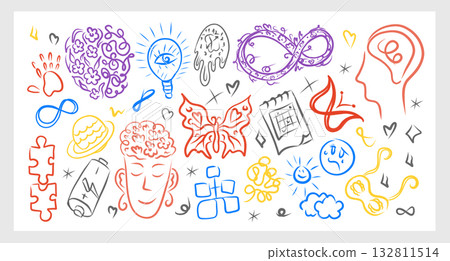 Neurodivergence collection colorful vector illustration with ADHD autism symbols and mental health icons perfect for stickers posters prints cards education and awareness 132811514