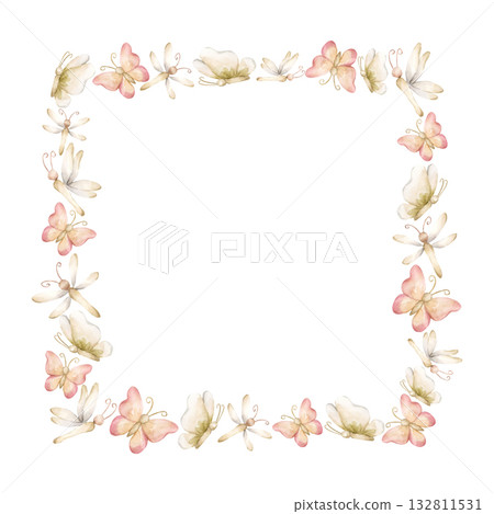 Cute Butterfly Dragonfly Insects Frame. Watercolor hand painted summer pastel neutral isolated illustration on white background for nursery kids baby shower card logo label whimsical mystery princess 132811531