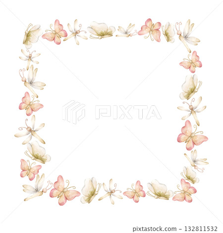 Cute Butterfly Dragonfly Insects Frame. Watercolor hand painted summer pastel neutral isolated illustration on white background for nursery kids baby shower card logo label whimsical mystery princess Cute Butterfly Dragonfly Insects Frame. Watercolor hand painted summer pastel neutral isolated illustration on white background for nursery kids baby shower card logo label whimsical mystery princess 132811532