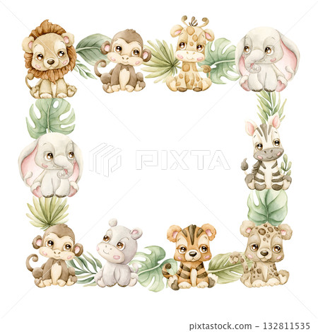 Cute Animals Plants Frame. Safari Jungle Tropical Exotic leaves Watercolor hand painted summer pastel neutral isolated illustration on white background for nursery kids baby shower card logo label Cute Animals Plants Frame. Safari Jungle Tropical Exotic leaves Watercolor hand painted summer pastel neutral isolated illustration on white background for nursery kids baby shower card logo label 132811535