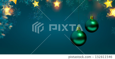3d rendering christmas holiday background with hanging green baubles and stars 132811546