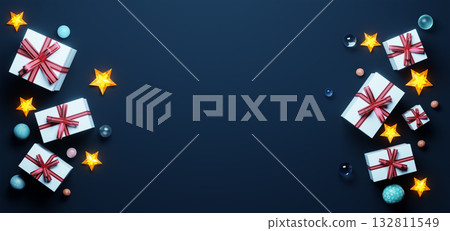 3d rendering christmas gifts and glowing stars on dark background 132811549