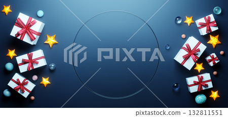 3d rendering christmas gifts and glowing stars on blue background 132811551