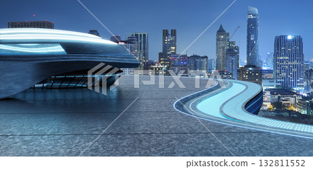 3d rendering urban futuristic architecture with glowing decoration edge overlooking city skyline 132811552