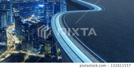 3d rendering futuristic curving rooftop above modern cityscape at night 132811557