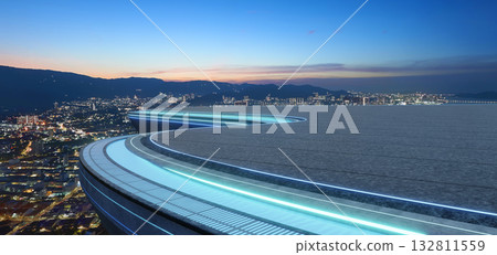 3d rendering futuristic city rooftop with blue led light and cityscape at night 132811559