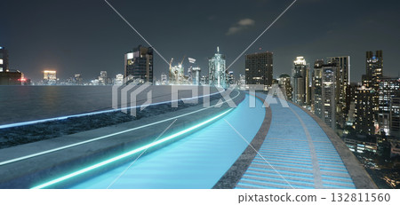 3d rendering futuristic city rooftop with blue led light and cityscape at night 132811560