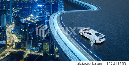 3d rendering electric car charging on futuristic rooftop road overlooking city 132811563