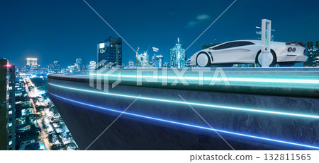 3d rendering electric car charging on futuristic rooftop cityscape at night 3d rendering electric car charging on futuristic rooftop cityscape at night 132811565