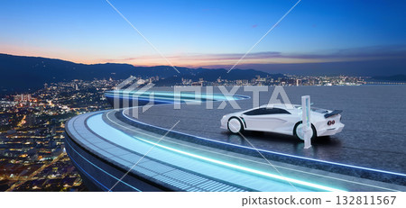 3d rendering electric car charging on futuristic rooftop overlooking city 132811567
